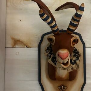 Playful Brown Rabbit Wall Mount with Blue-Striped Antlers